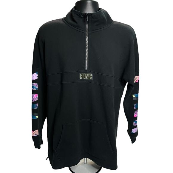 Victoria’s Secret PINK Quarter-Zip Black Pullover Sweatshirt - Size M - Pockets - Picture 1 of 15